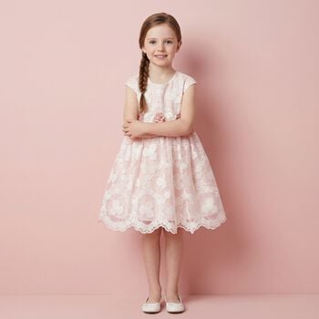 فستان بنات أورجانزا مطرز باللونين الأبيض والوردي 