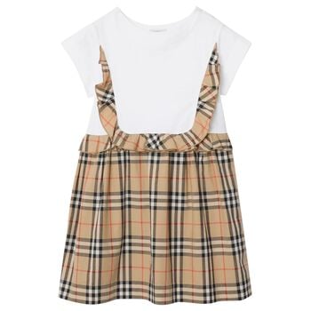 Girls White & Beige Check Ruffled Dress