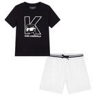 Boys Black & White Logo Shorts Set, 1, hi-res