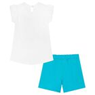 Girls White & Blue Flower Shorts Set, 1, hi-res