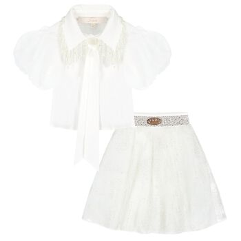 Girls White Pearls Tulle Skirt Set