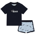 Baby Boys Navy Blue Logo Shorts Set, 1, hi-res