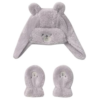 Grey Faux Fur Bear Hat & Mittens Set