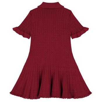 Girls Burgundy Red Pointelle Knitted Dress