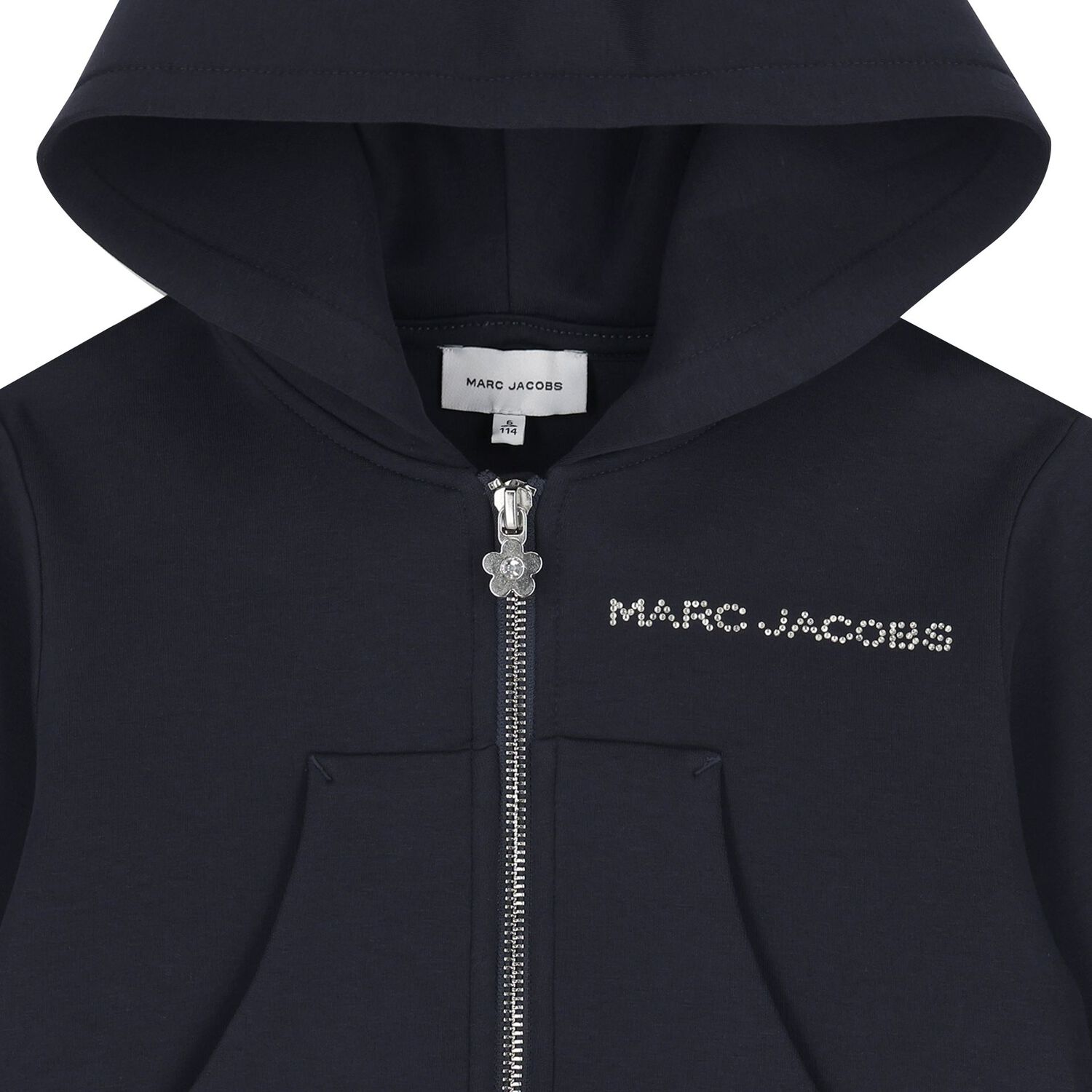 بلوزة بغطاء رأس وسحاب بشعار أزرق داكن للبنات, 1, hi-res