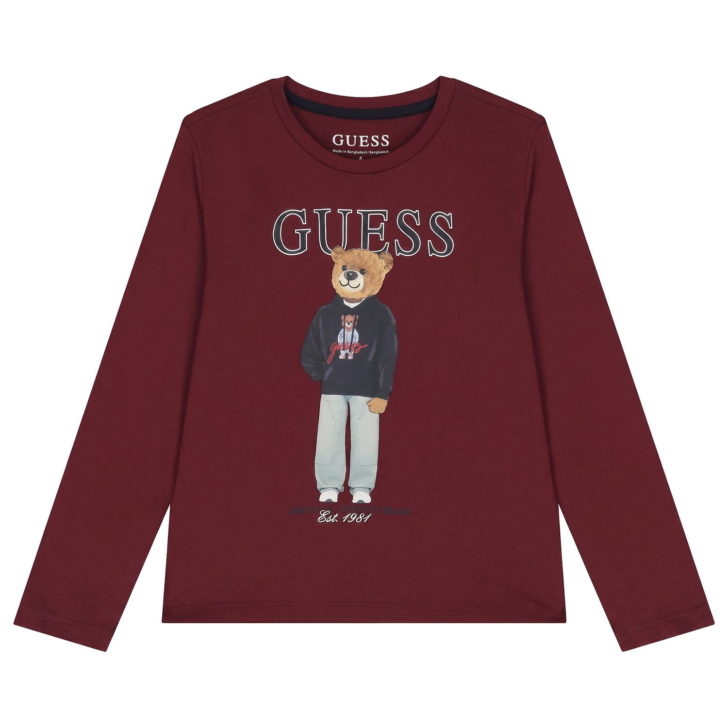 Boys Burgundy Teddy Bear Logo Long Sleeve Top, 2, hi-res