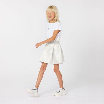 Girls White & Silver Logo Jacquard Dress