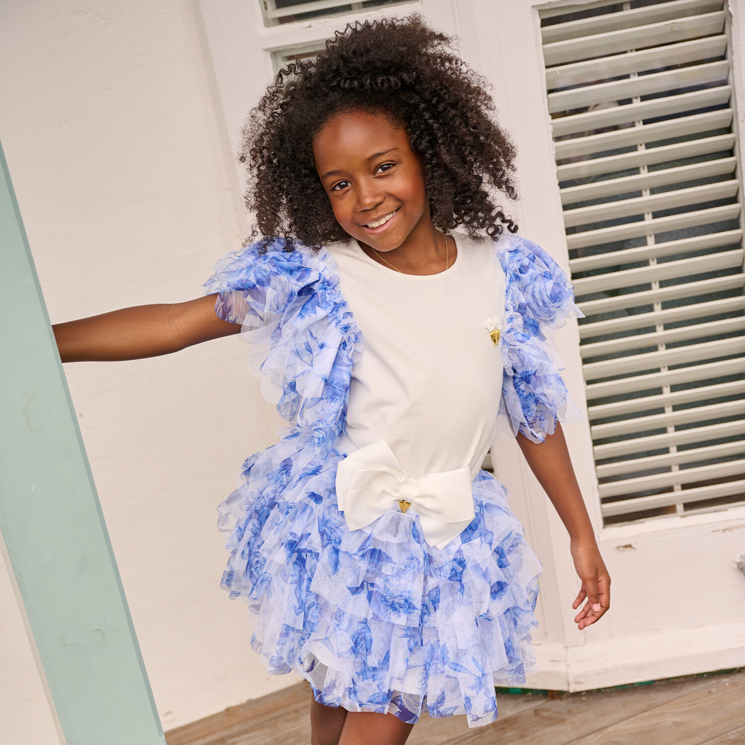 Girls White & Blue Floral Tulle Skirt, 1, hi-res