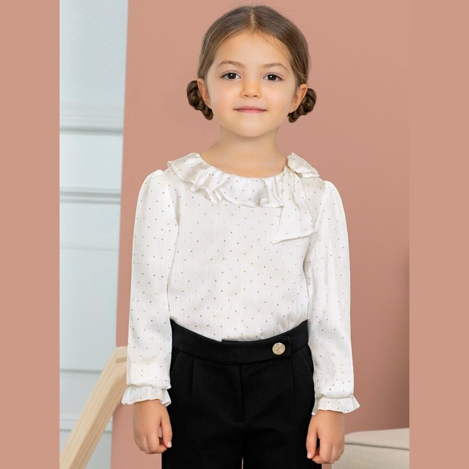 Girls Ivory & Gold Ruffle Collar Blouse, 1, hi-res image number null