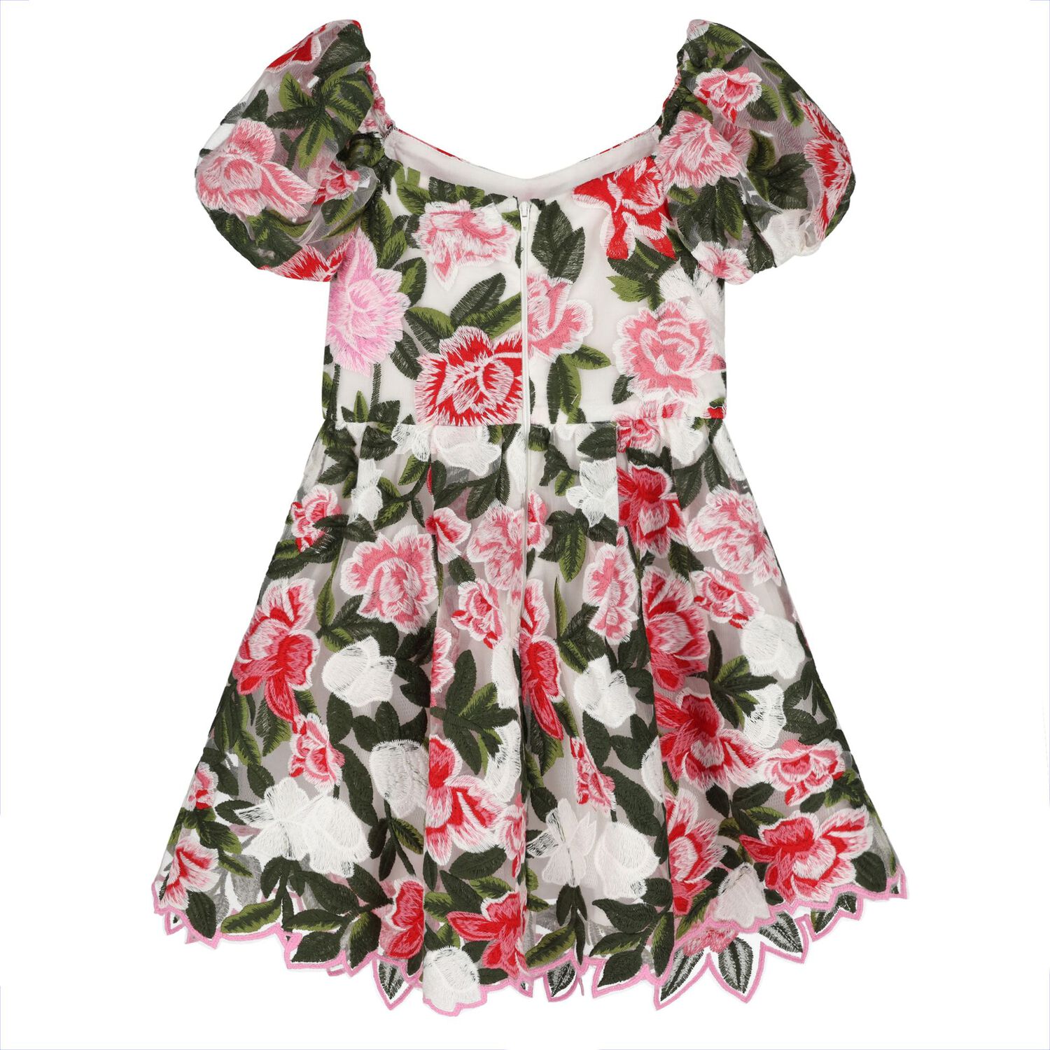 Girls Pink, Red & Green Embroidered Floral Dress, 1, hi-res