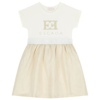 Girls Ivory & Gold Logo Dress