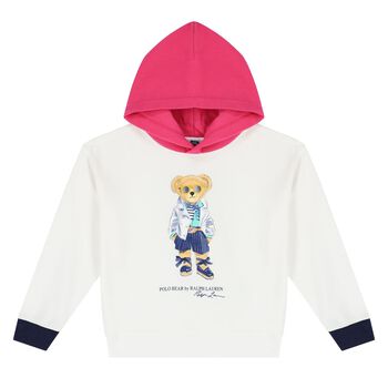 Girls White Polo Bear Hooded Top