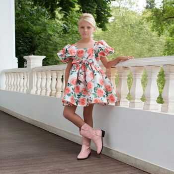 Girls Ivory & Orange Floral Satin Dress