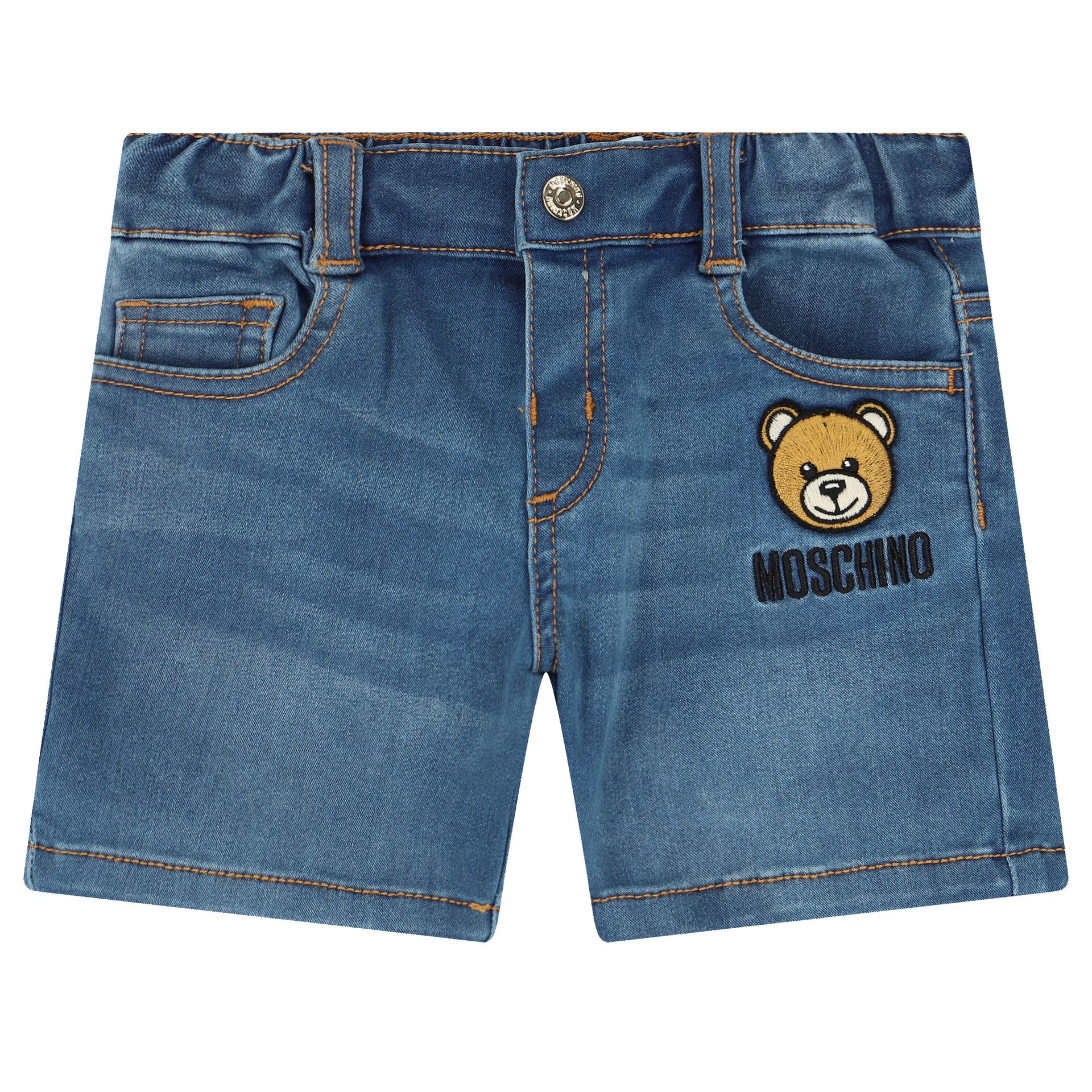 Moschino Younger Boys Blue Denim Teddy Bear Logo Shorts Junior Couture QA