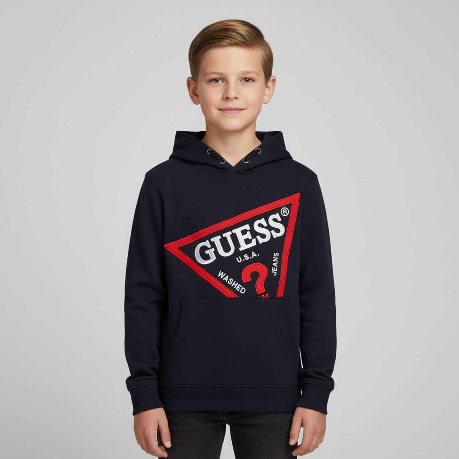 Boys Navy Logo Hooded Top, 1, hi-res