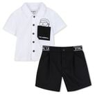 Younger Boys White & Black Logo Shorts Set, 1, hi-res