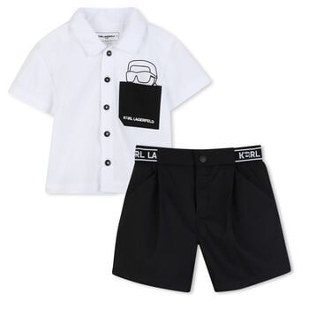 Younger Boys White & Black Logo Shorts Set