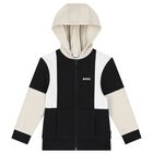 Boys Black & Ivory Logo Hooded Zip Up Top, 1, hi-res