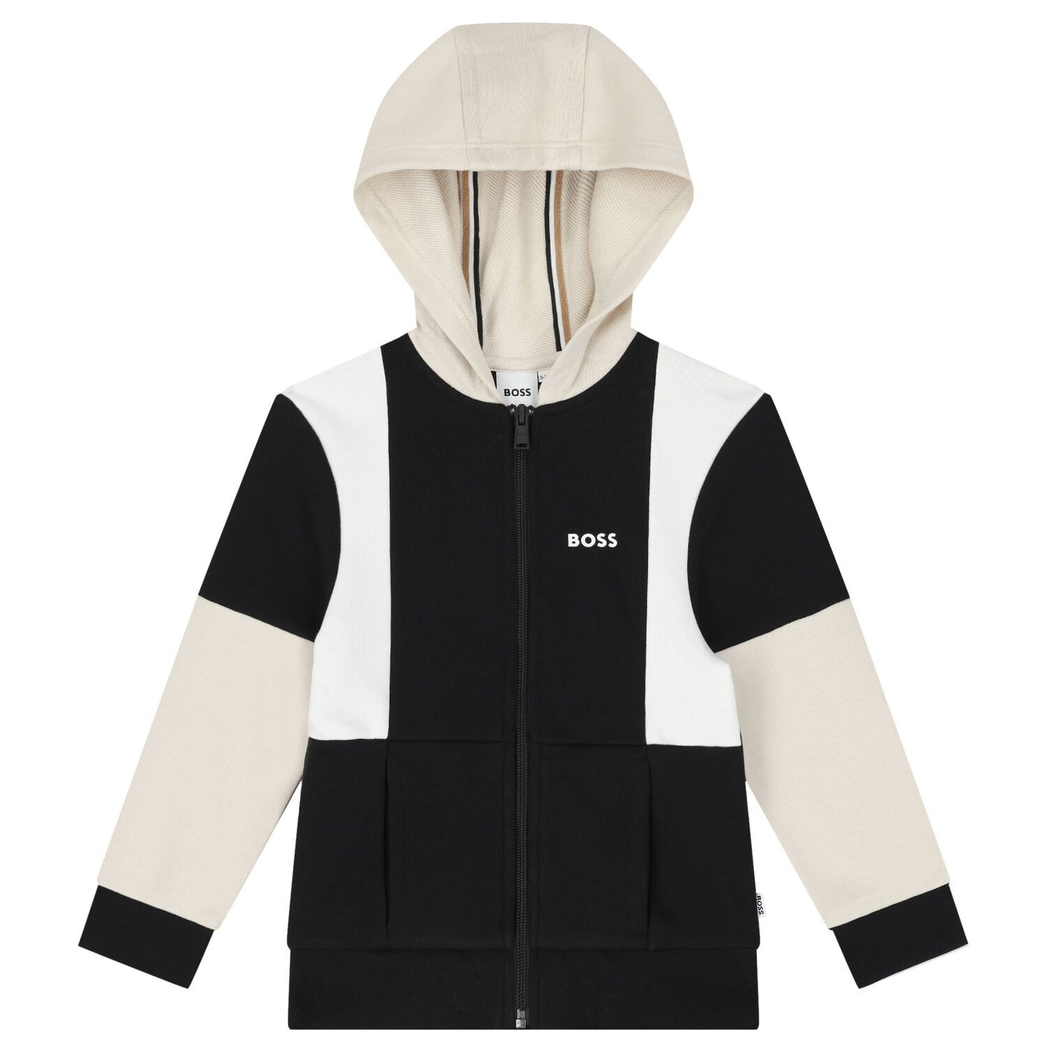 Boys Black & Ivory Logo Hooded Zip Up Top, 1, hi-res image number null