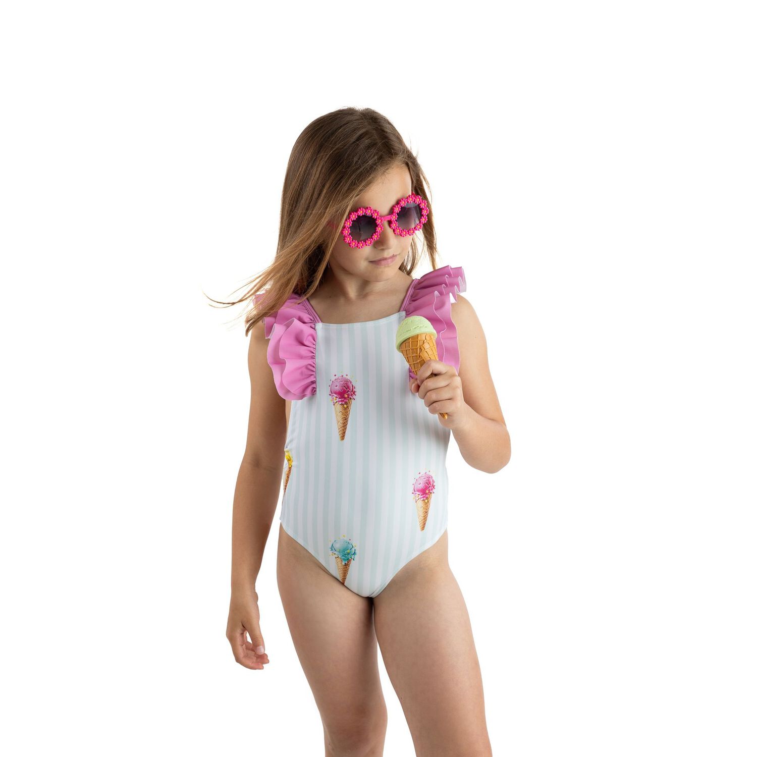Girls Green & Pink Ice Cream Swimsuit, 1, hi-res
