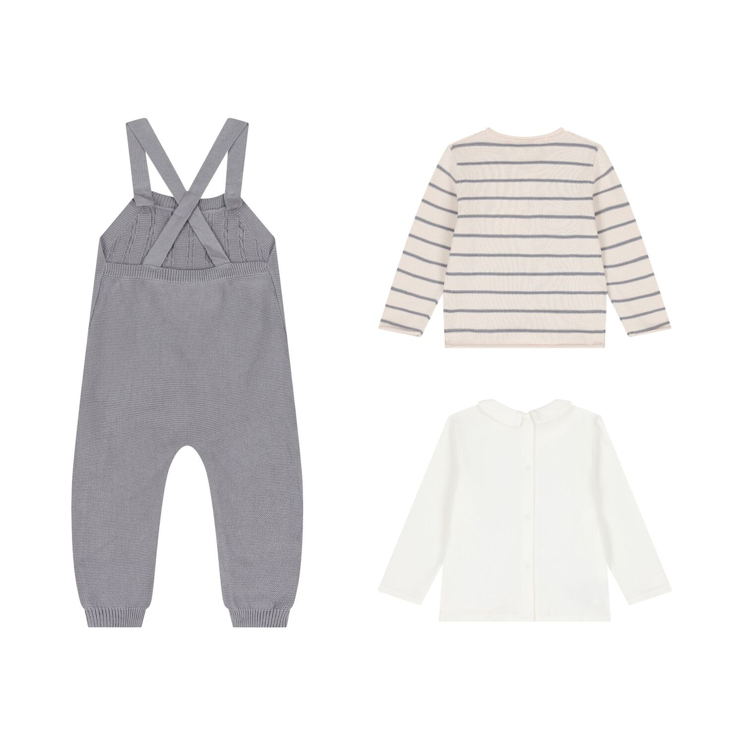 Baby Boys White, Beige & Grey Knitted Dungaree Set ( 3 Piece ), 1, hi-res