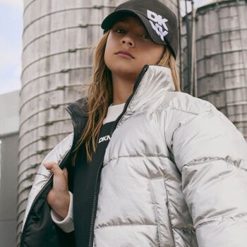 Girls Silver & Black Logo Reversible Puffer Jacket