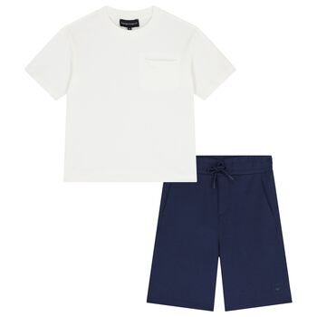 Boys White & Navy Blue Logo Shorts Set