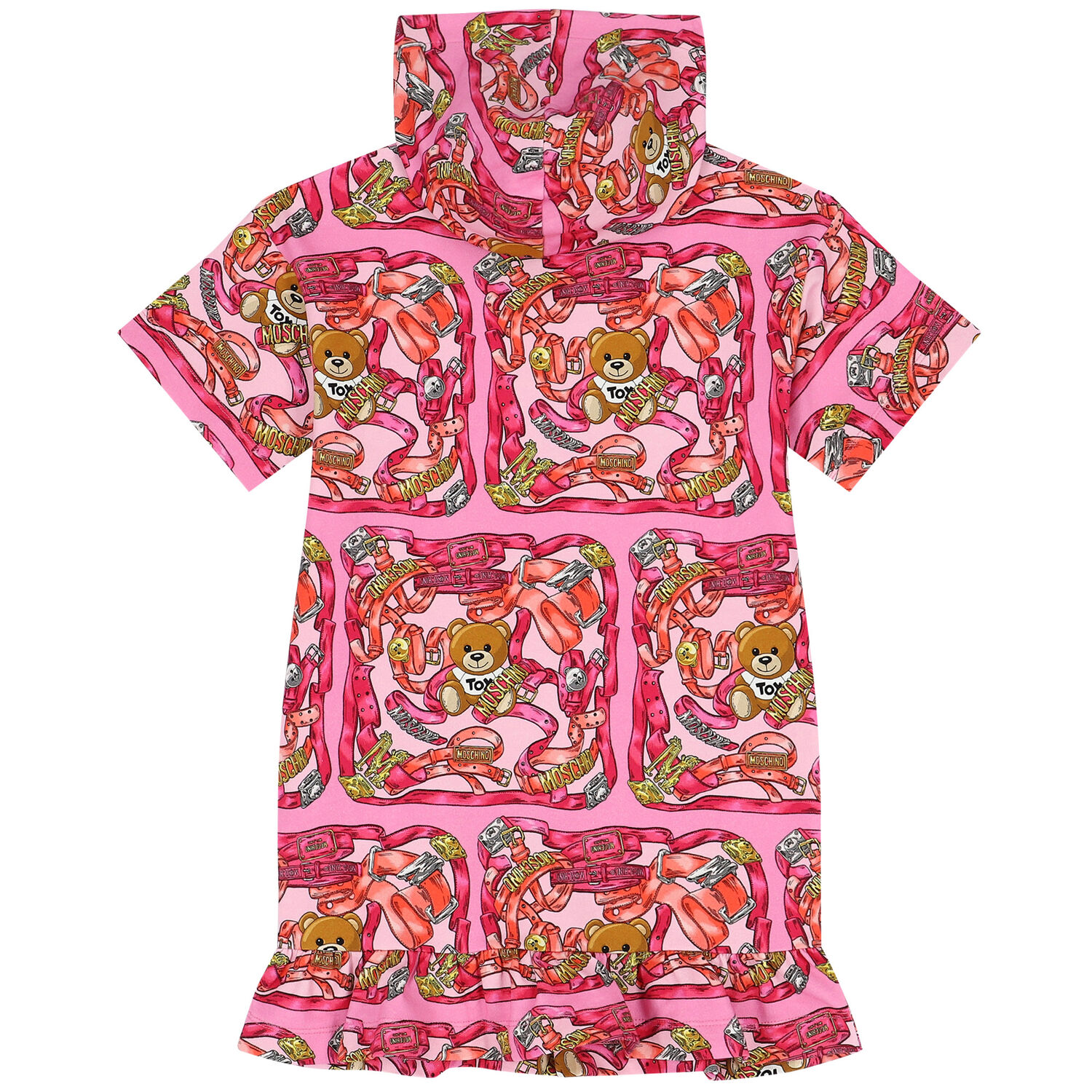 Girls Pink Teddy Bear Logo Hooded Dress, 1, hi-res