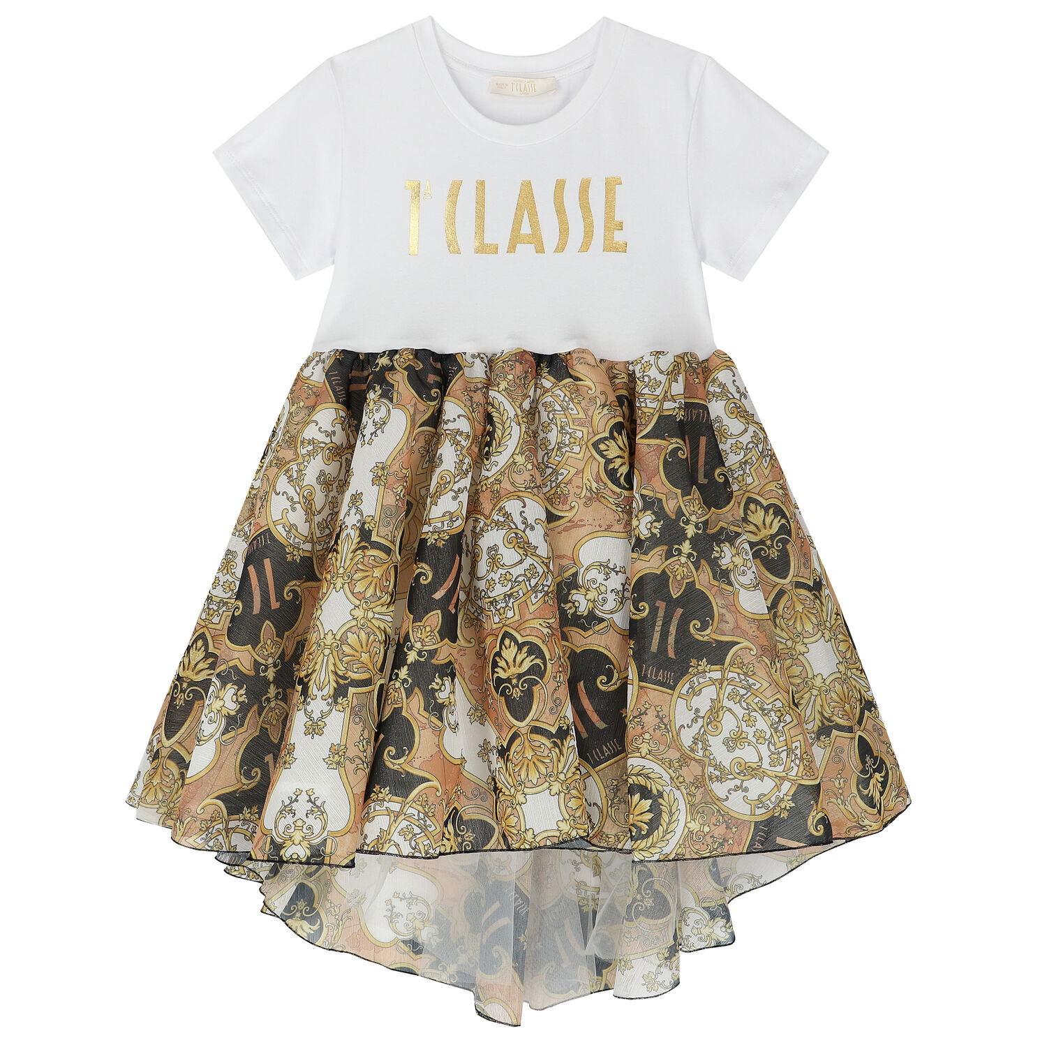 Girls White & Beige Logo Dress, 1, hi-res