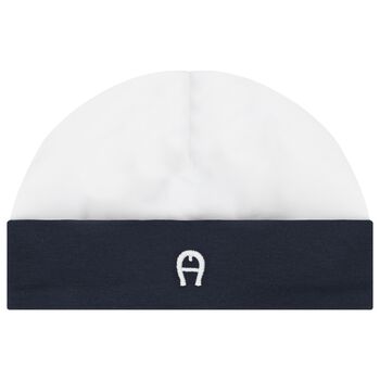 Baby Boys White & Navy Blue Logo Hat