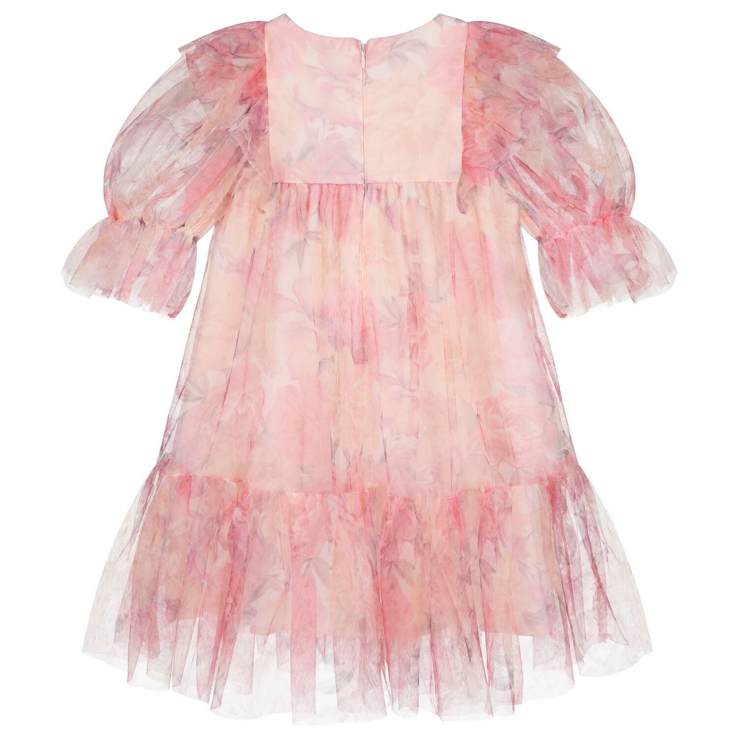 Girls Pink Floral Ruffled Tulle Dress, 1, hi-res