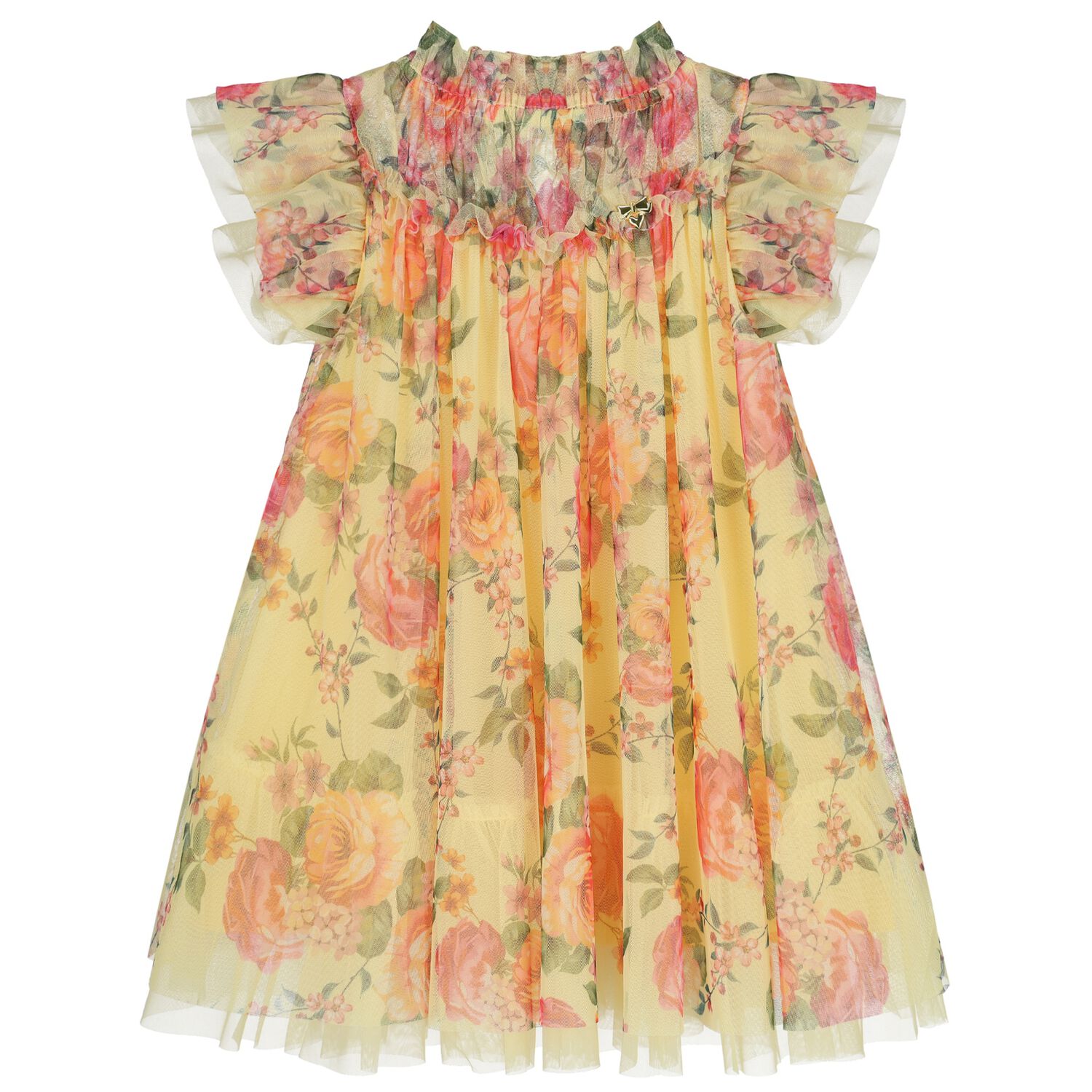 Girls Yellow & Pink Floral Tulle Dress, 2, hi-res