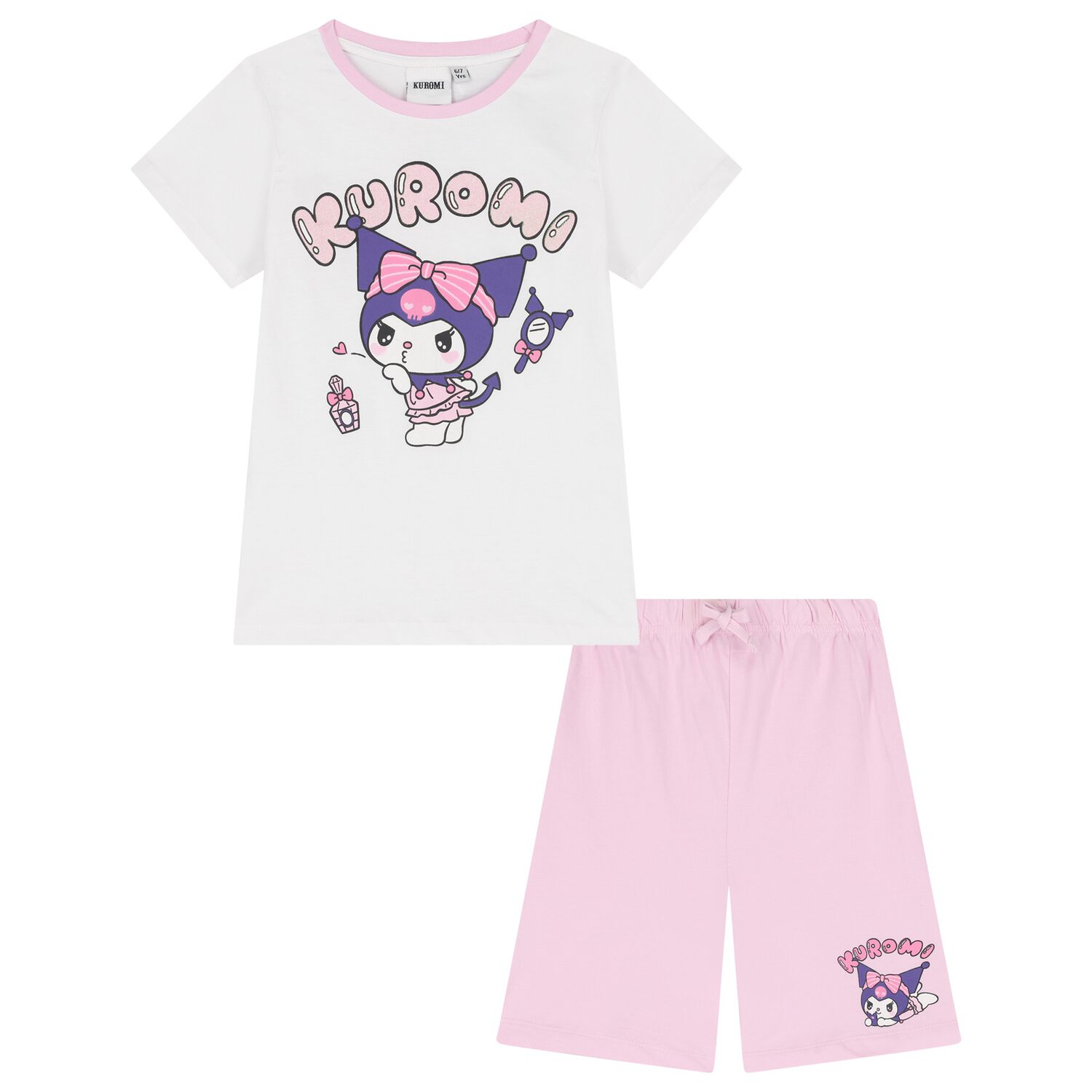 Girls White & Pink Kuromi Shorts Set, 1, hi-res