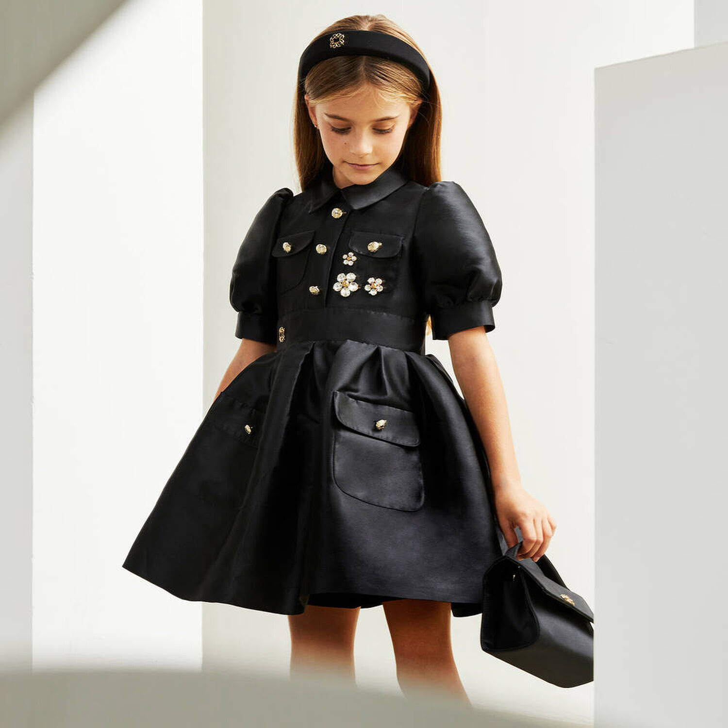 Girls Black Embellished Dress, 1, hi-res image number null