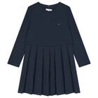 Girls Navy Blue Logo Pleated Dress, 1, hi-res