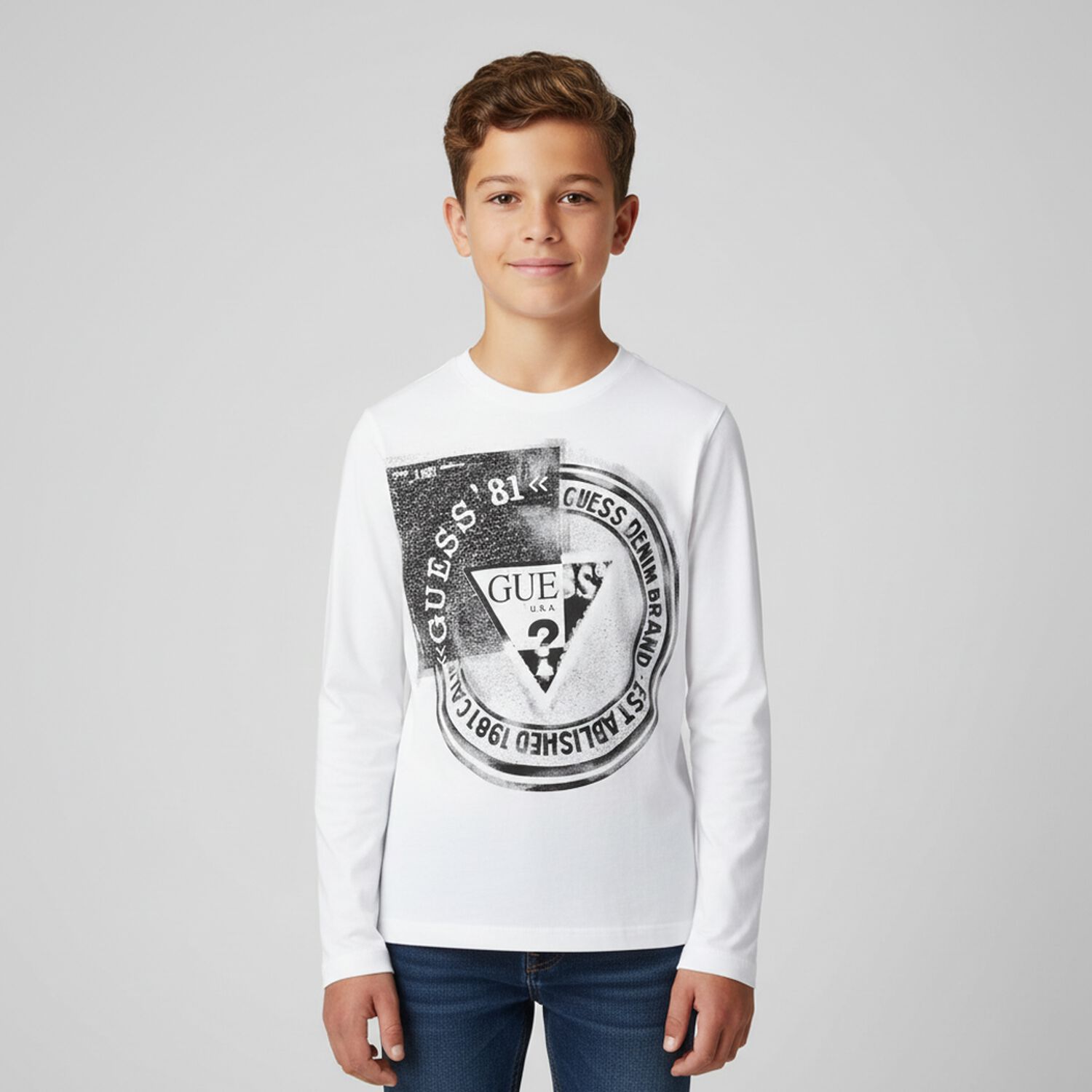 Boys White Logo Long Sleeve Top, 2, hi-res image number null