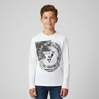 Boys White Logo Long Sleeve Top