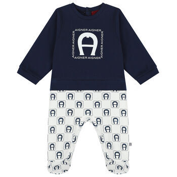Baby Boys Navy Blue & White Logo Babygrow