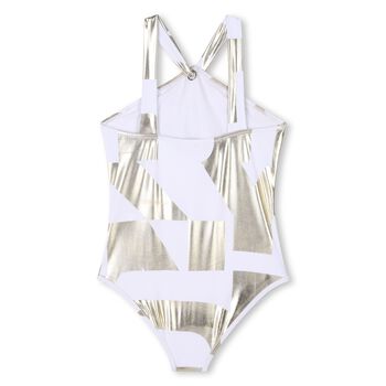 Girls White & Gold Logo Swimsuit