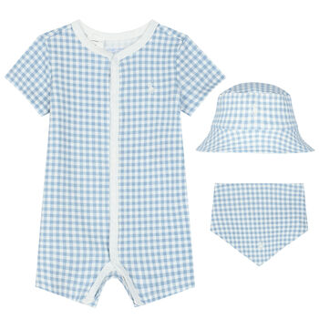 Baby Boys White & Blue Gingham Logo Romper Gift Set