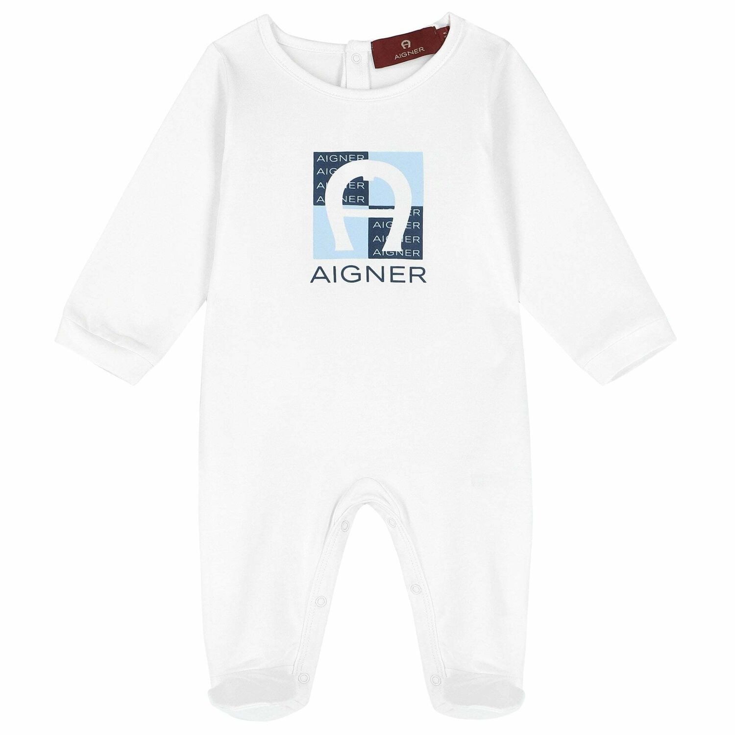 Baby Boys White & Blue Logo Babygrow, 1, hi-res